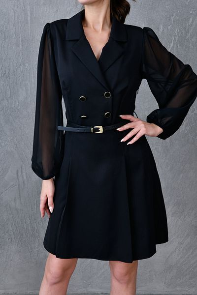 bayansepeti Design cu mâneci din șifon, cu decolteu dublu, detaliu cu nasturi, cu centură, rochie mini neagră 25K2393