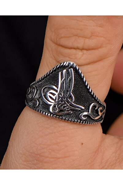 Prestige 925 Ayar Gümüş Erkek Baş Parmak Zihgir Tuğralı Motifli