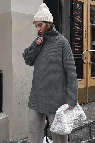 Madmext Anthrazitfarbener Oversize-Pullover mit Reißverschlusskragen MG1946