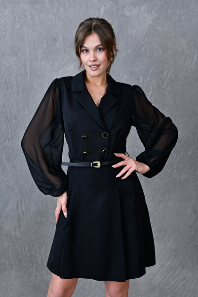 bayansepeti Chiffon Sleeve Design Double Breasted Neckline Button Detail Black Mini Dress with Belt 25K2393