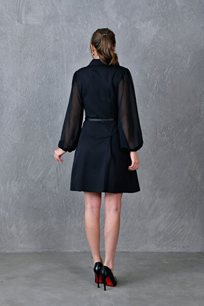 bayansepeti Chiffon Sleeve Design Double Breasted Neckline Button Detail Black Mini Dress with Belt 25K2393