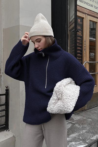 Madmext Marineblauer Oversize-Pullover mit Reißverschlusskragen MG1946