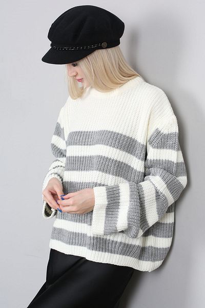 Madmext Gray Striped Women's Sweater Mg1298