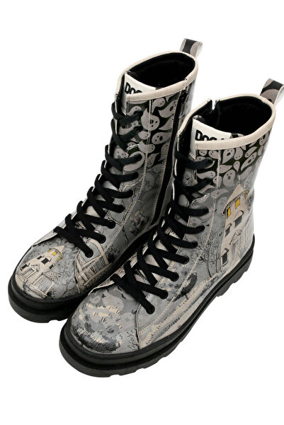 Dogo Kadın Vegan Deri Gri Fermuarlı Uzun Bot - Spooky Town Tasarım