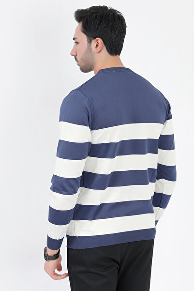 JB John Borners Erkek Triko Kazak Koyu Mavi Çizgili Bisiklet Yaka Mikro Flament - 1009