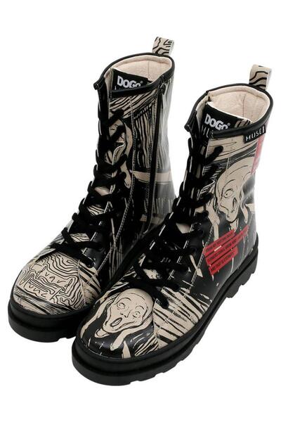 Dogo Women's Vegan Leather Black Zippered Long Boots - Edvard Munch The Scream Muse Design