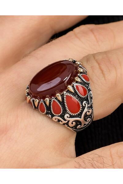 Prestige Kırmızı Akik Taşlı Kırmızı Mineli 925 Ayar Gümüş Erkek Yüzüğü 900242