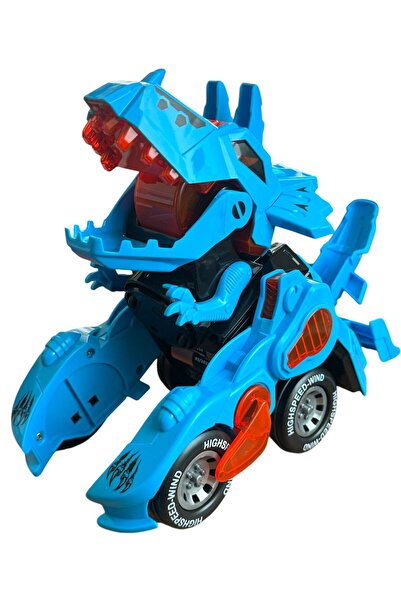 TRUST STORE Trex Dinazor Figür Araba Sesli Işıklı Pilli Müzikli  Transformerrs Robot Dinozor 20Cm MAVİ