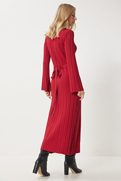 Lovelyİstanbul Rochie lungă din tricot cu nervuri - roșie, cu curea LKİ0020