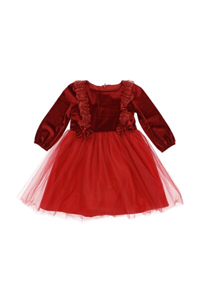 Marka Kadife Tüllü Yılbaşı Elbisesi Kırmızı