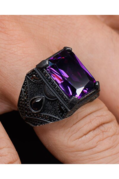 Prestige 925 Ayar Gümüş Erkek Yüzüğü Ametist Taşlı Zirkon Taş Süslemeli 30072