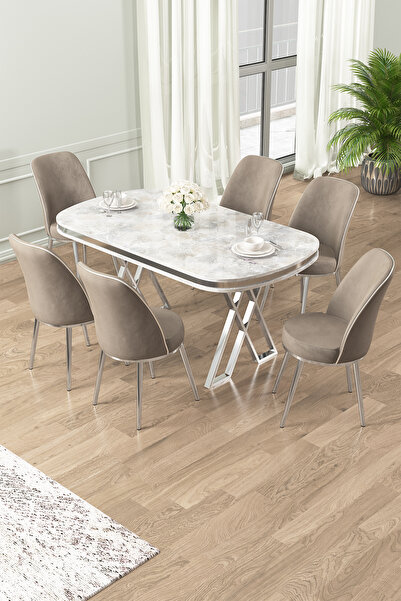 Canisa Lai Serisi 90x168 Lak Panel Beyaz Mermer Desen Krom Ayak Masa Takımı 6 Cappucino Sandalye