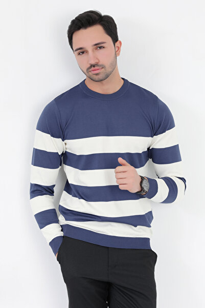 JB John Borners Erkek Triko Kazak Koyu Mavi Çizgili Bisiklet Yaka Mikro Flament - 1009