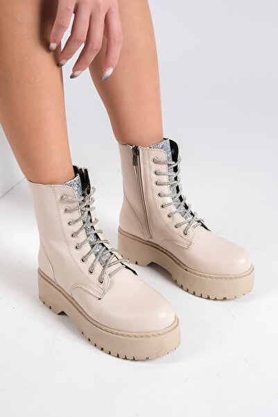 Moda Değirmeni Ten Cilt Kadın Simli Taş Bağcıklı Bot BG1091-116-0008