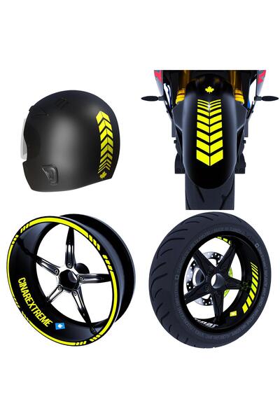 Çınar Extreme Moto Rider 4'lü Sticker Seti Floresan Sarı Iç Dış Jant Şeridi K...