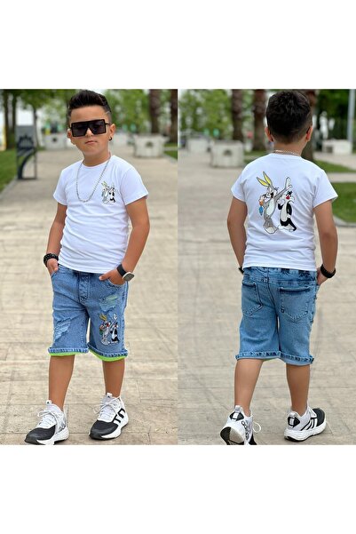 Erkek Cocuk Kot Şort Tshirt Takım Alt Ust Takim