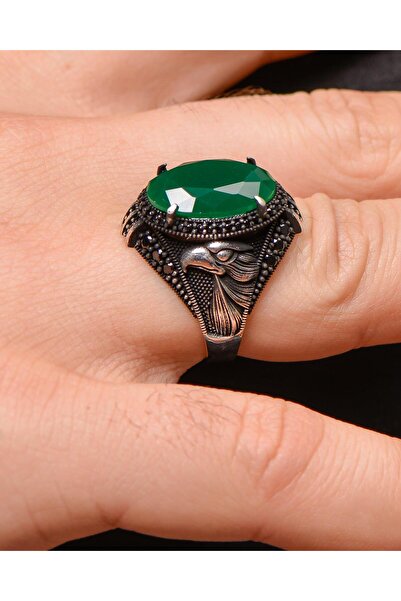 Prestige Gümüş Erkek Yüzük Yeşil Zirkon Taşlı Kartal Figürlü