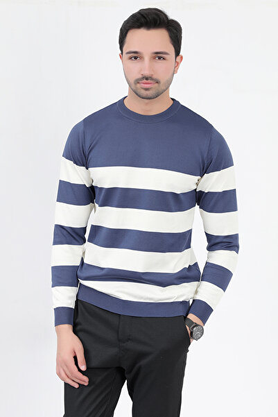 JB John Borners Erkek Triko Kazak Koyu Mavi Çizgili Bisiklet Yaka Mikro Flament - 1009
