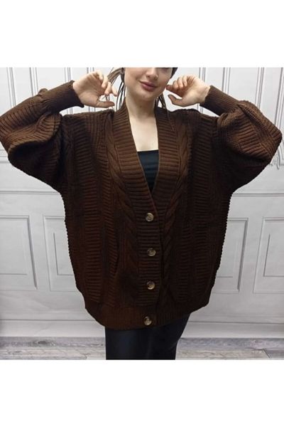 Papatya Giyim İzmit Women's Brown Winter Knitwear Cardigan
