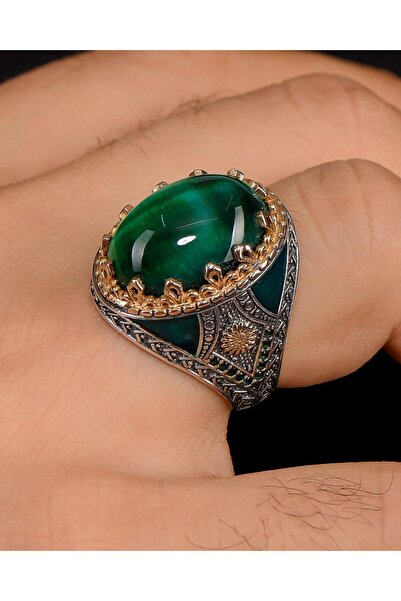 Prestige 925 Ayar Gümüş Erkek Yüzüğü Yeşil Kaplangözü Taşlı 100216