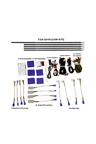 Genel Markalar Araç İçi Ambiyans Aydınlatma Sistemi 64 Renk RGB LED Bluetooth Destekli - Müzik ve Ses Duyarlı