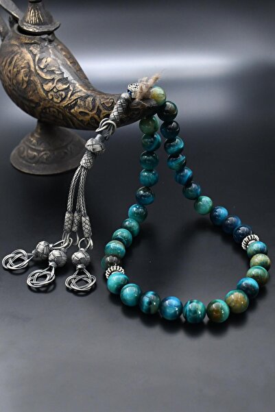 Prestige 1000 Ayar Gümüş Kazaz Püsküllü 33'lük Doğal Mavi Kaplan Gözü Taşlı T...