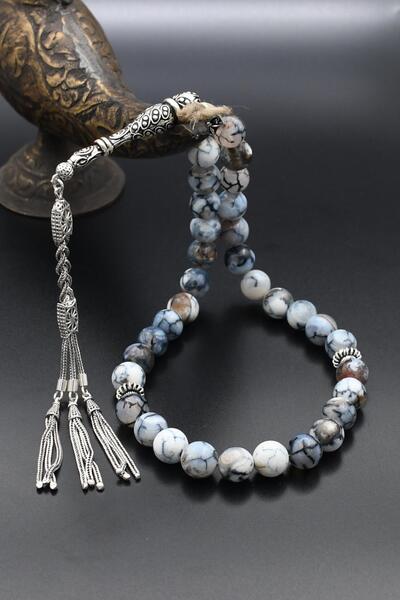 Prestige 925 проба срібний чотки - 33 намистини, натуральні прожилки, агат, китиця, кулясті намистини 10 мм