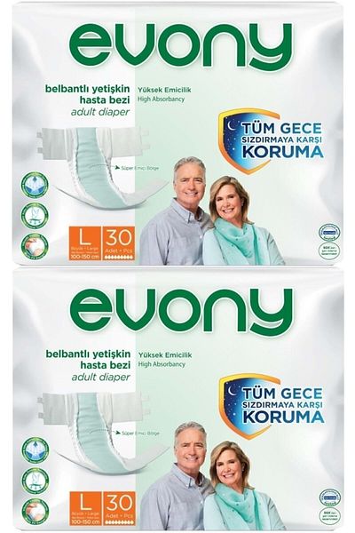 Evony Adult Waist Banded Diapers - L Large Size 60 Pieces (2Pk*30)