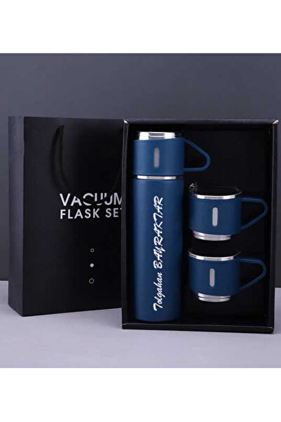 megame Paslanmaz Çelik Termos Mavi Renk 3 Bardaklı Termos Seti Çanta Hediyeli