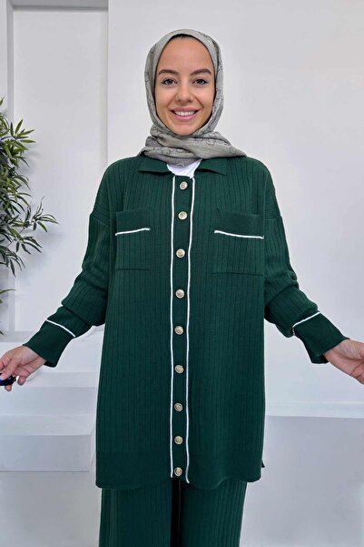 Ka Hijab Emerald Color Double Pocket Buttoned Knitwear Hijab Set of 2