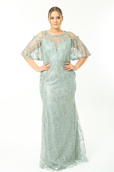 Ladies First Büyük Beden 3448 Küf Yeşili Abiye Elbise