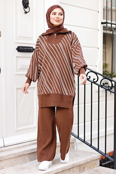 Bestenur Yasemen Tunic Pants Knitwear Set 1263 - Brown