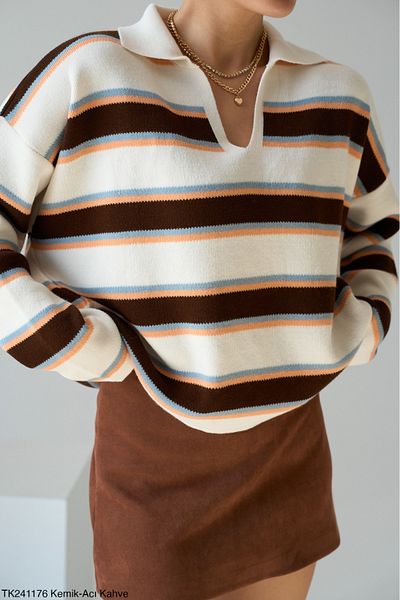 Lupies Women's Striped Polo Neck Knitwear Sweater