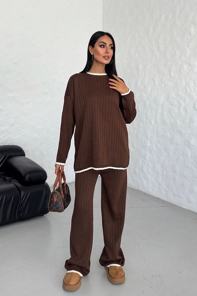 Know Women's Brown Collar Detail Crew Neck Bottom-Top Knitwear Set