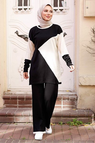 Bestenur Black Asymmetrical Print Tunic and Pants Set - 1264