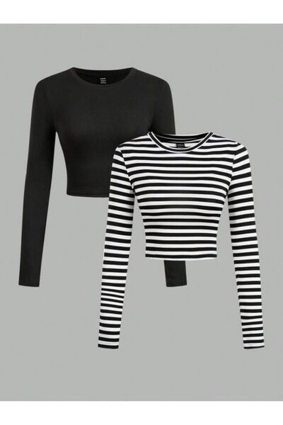 ÖZ PAMUK Kadın 2 lİ Adet Fitilli %100 PAMUKLU Bisiklet Yaka Örme Kaşkorse Uzun Kol Crop Bluz