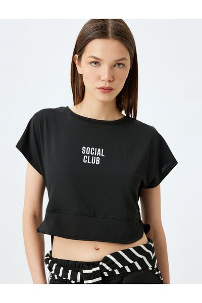 Koton Crop Short Sleeve Slogan Printed Sports T-Shirt