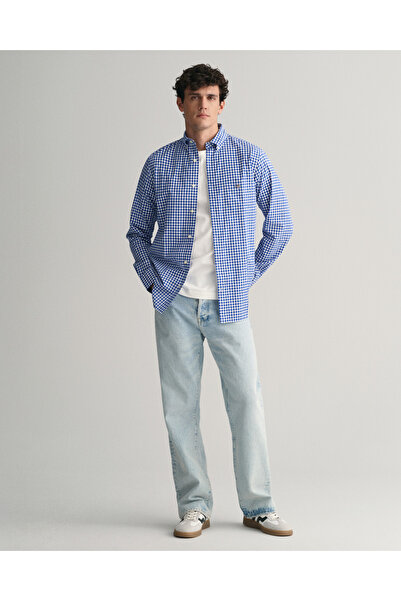 Gant Erkek Mavi Regular Fit Düğmeli Yaka Kareli Gömlek