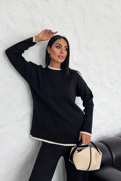 Know Women's Black Collar Detail Crew Neck Bottom-Top Knitwear Set