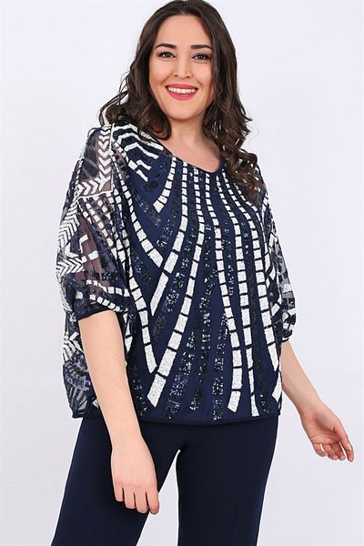 Ladies First Plus Size 2779 Navy Blue Blouse Bady Double Suit