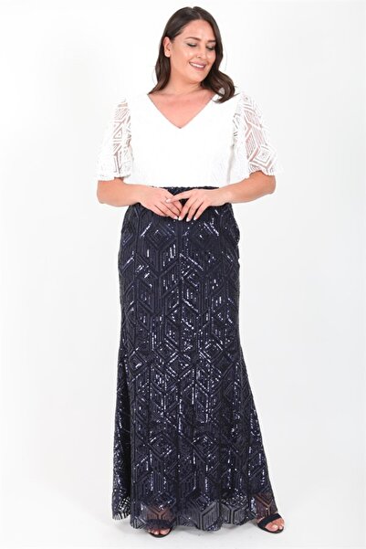 Ladies First Büyük Beden 3204 Lacivert Beyaz Uzun Abiye Elbise