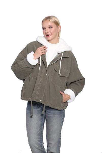 Whitney KADIN İÇİ TAK ÇIKAR KÜRK DETAYLI HAKİ KADİFE MONT