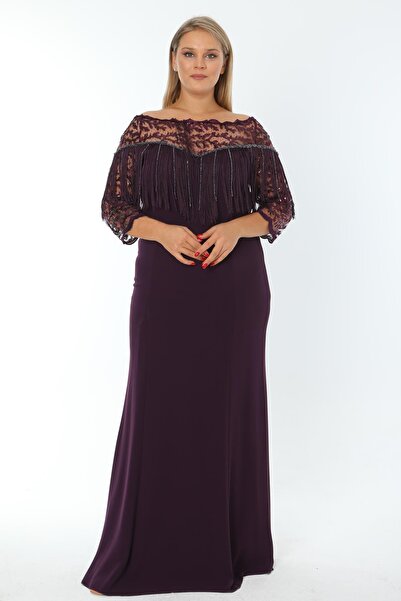 Ladies First Büyük Beden 3154 Mürdüm Uzun Abiye Elbise