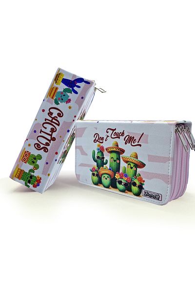 Limmy Δερμάτινη θήκη μολυβιών Vegan με σχέδιο Kawaii Cactus - Organizer τριών διαμερισμάτων, πούδρα