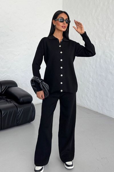 Know Women's Black Shirt Collar Buttoned Bottom-Top Knitwear Set