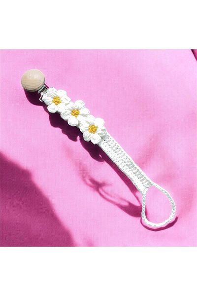 The Cloudish Shop White Daisy - Baby Floral Patterned Pacifier Strap and Chain