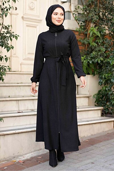 Bestenur Edna Fermuarlı Tesettür Ferace 1265 - Siyah