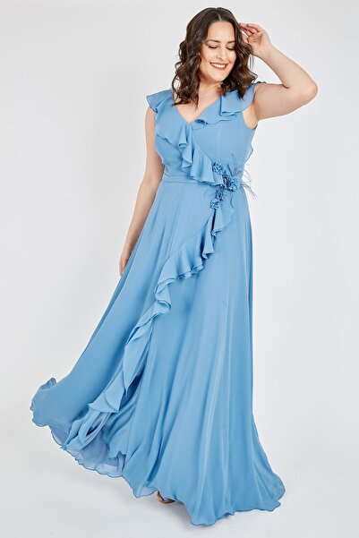 Ladies First Büyük Beden 3507 Indigo Uzun Abiye Elbise