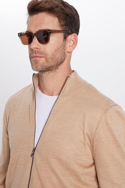 Tudors Pánsky Slim Fit Slim Fit Béžový stojačik s golierom na zips, pevný kardigán