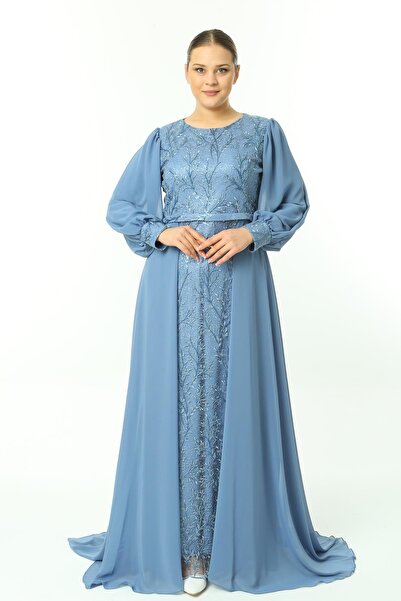 Ladies First Büyük Beden 3704 Indigo Uzun Abiye Elbise
